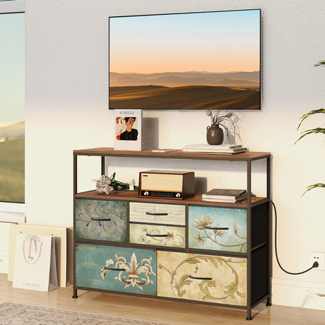 Tohomeor TV Stand with Power Oulet Dresser with Charging Station & LED Light Dresser with 6 Fabric Drawers for Living Room Storage Chest of Drawers Retro Dresser with Open Shelf Wooden Top Tohomeor