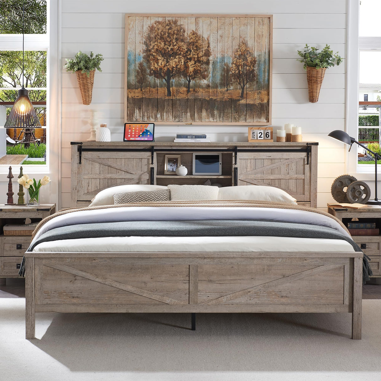 Farmhouse Queen Bed Frame with Bookcase Headboard, Sliding Barn Doors, and Storage in Light Rustic Oak T4TREAM