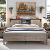 Farmhouse Queen Bed Frame with Bookcase Headboard, Sliding Barn Doors, and Storage in Light Rustic Oak T4TREAM