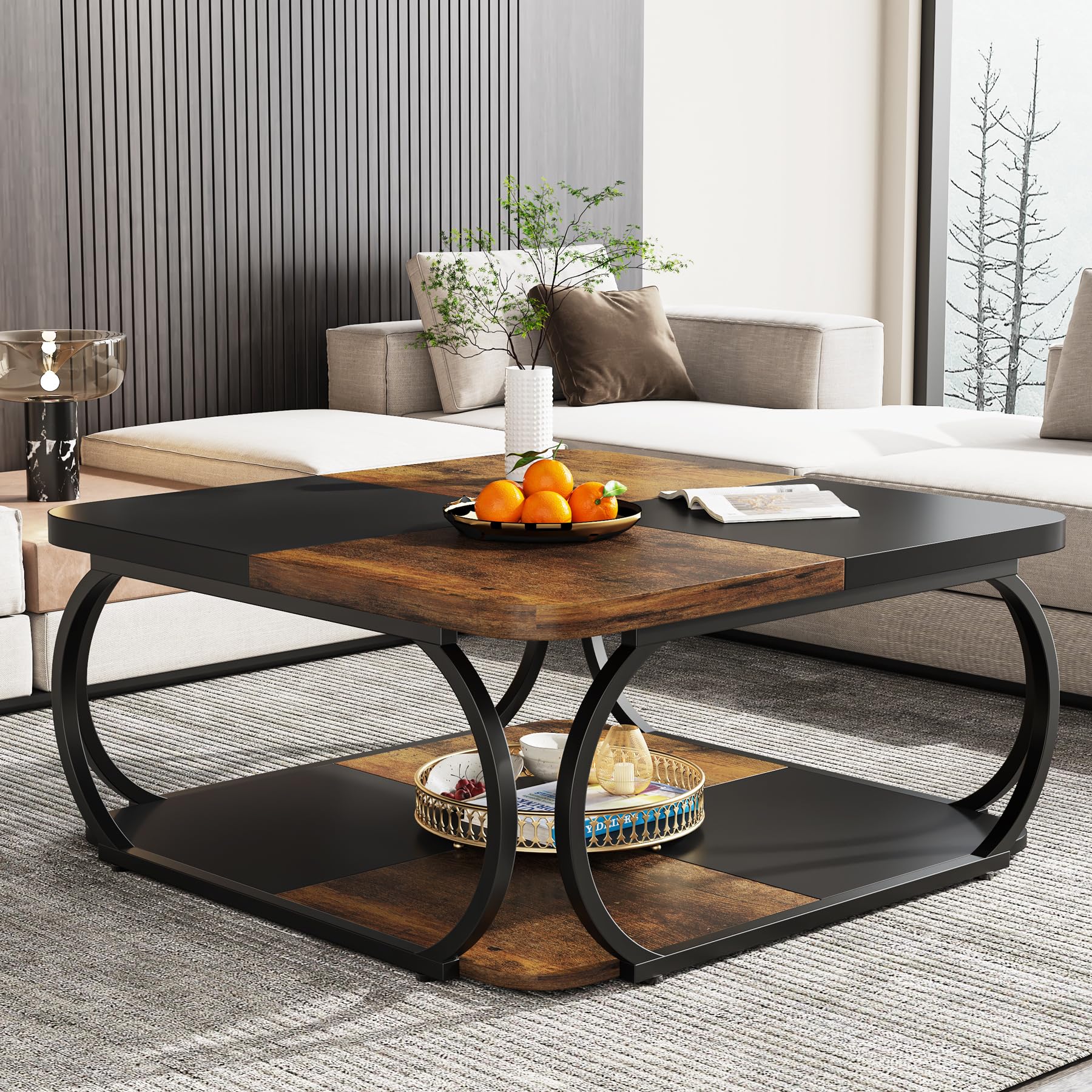 Tribesigns Square Coffee Table with 2 Tiers, 40 inches Low Farmhouse Coffee Table with Wood Storage Shelf Heavy Duty Metal Curved Frame for Modern Living Room, Black Rustic Brown - WoodArtSupply