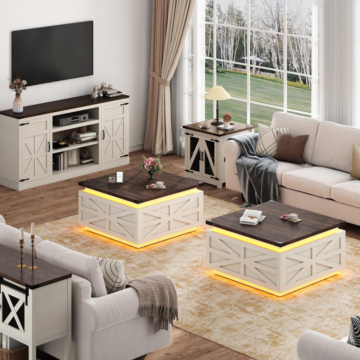 Large Farmhouse Lift Top Coffee Table with Hidden Storage Compartment, Wood Square Center Table with Charging Station&USB Ports for Living Room, White chartustriable