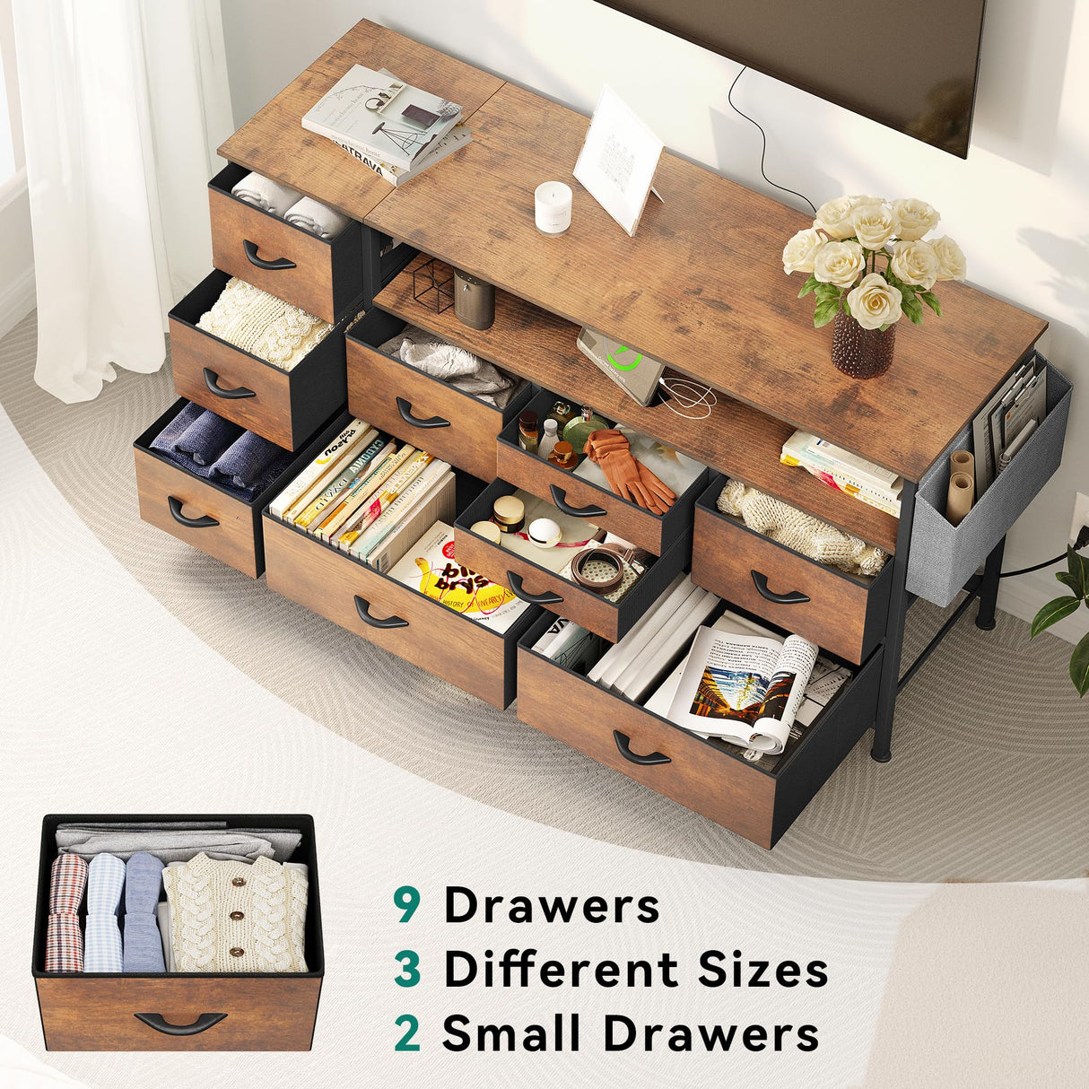 YITAHOME Dresser TV Stand with Power Outlet for 55'' TV, 9 Drawer Dresser for Bedroom, Media TV Console Table with Side Pockets & Hooks, Fabric Dresser Chest of Drawers for Bedroom, Living Room YITAHOME