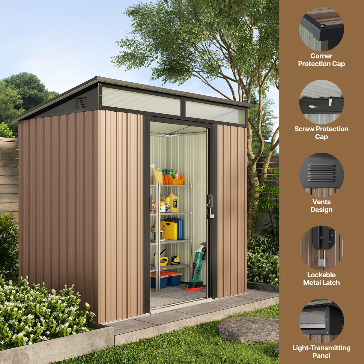 Gizoon 6'x4' Outdoor Storage Shed Metal Garden Shed with Sliding Lockable Doors, Versatile Tool Bike Shed with Transparent Panel Windows, Outdoor Storage Clearance for Backyard, Patio, Light Brown Gizoon