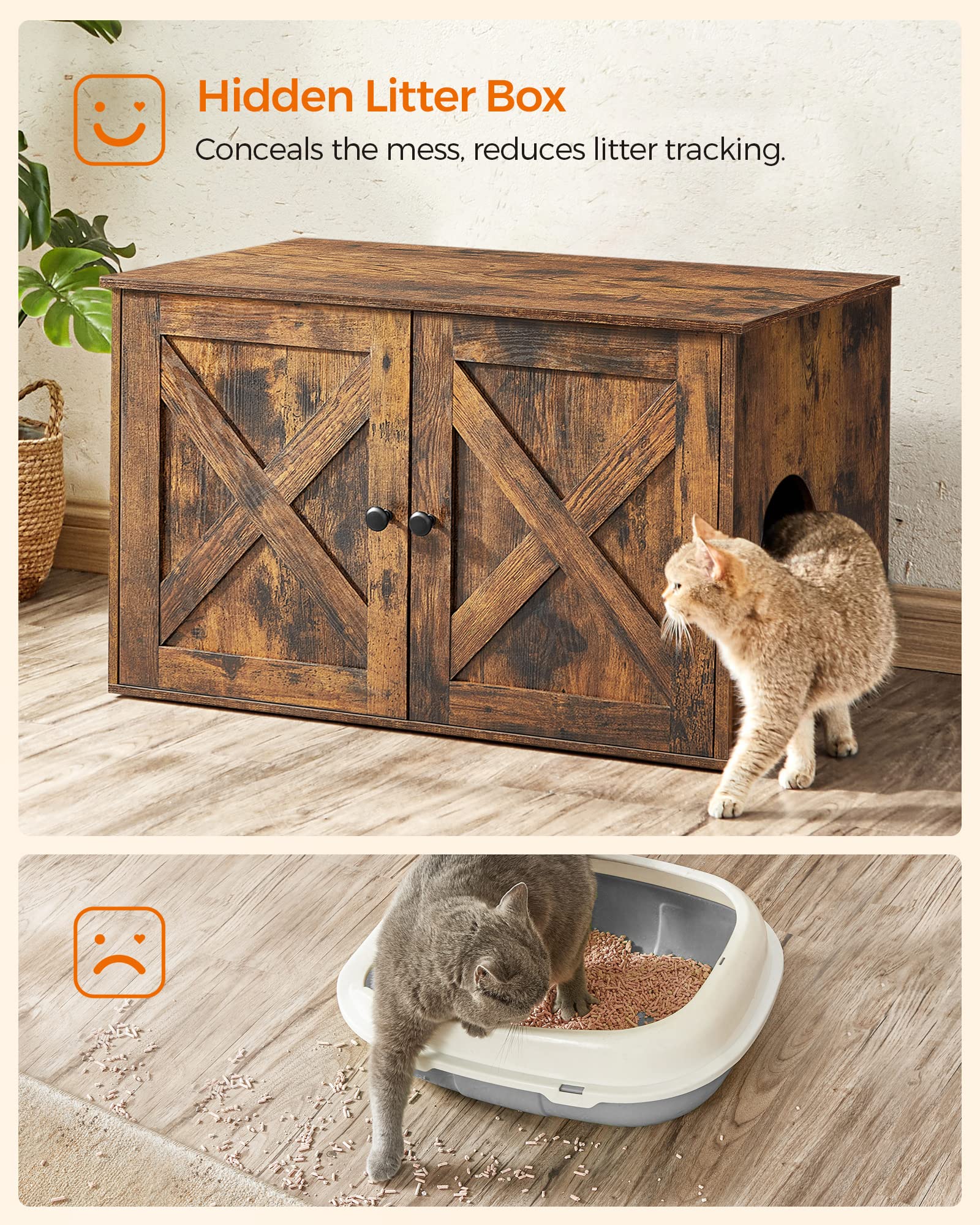 Feandrea Cat Litter Box Enclosure, Litter Box Furniture Hidden with Removable Divider, Indoor Cat House, End Table, 31.5 x 20.9 x 19.7 Inches, Rustic Brown UPCL002X01 - WoodArtSupply