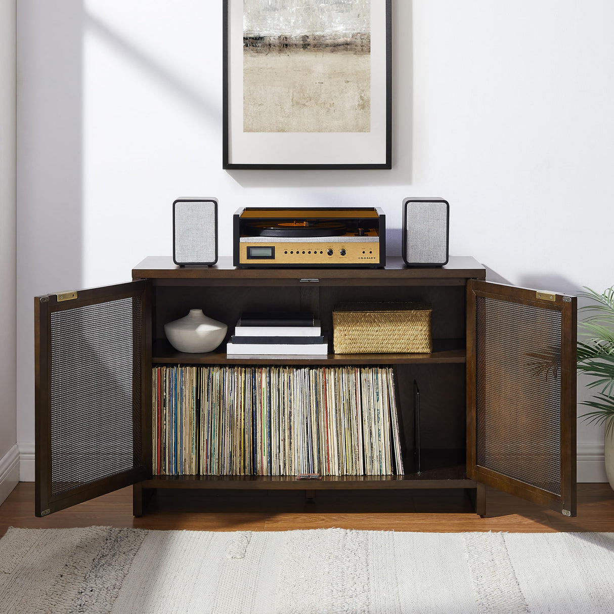 Crosley Furniture Kenji Media Console, Record Player Stand with Vinyl Storage, Modern Home Organizer, Dark Brown Crosley Furniture