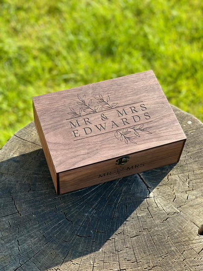 Custom Personalized Wooden Keepsake box - Wedding Card box, Anniversary, Engagement Gift for Couple, Bride, Groom, Wood Memory gift box (Walnut)