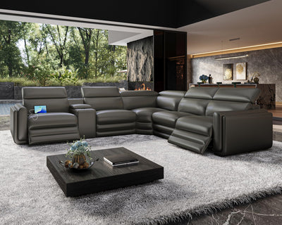 Jocisland Dual Power Recliner, Oversized 5-Seater Sofa with Console, 3 Bluetooth Speakers & Hidden Storage, Modern L Shaped Reclining Couch with 6 Charging Ports - Dark Gray Leathaire