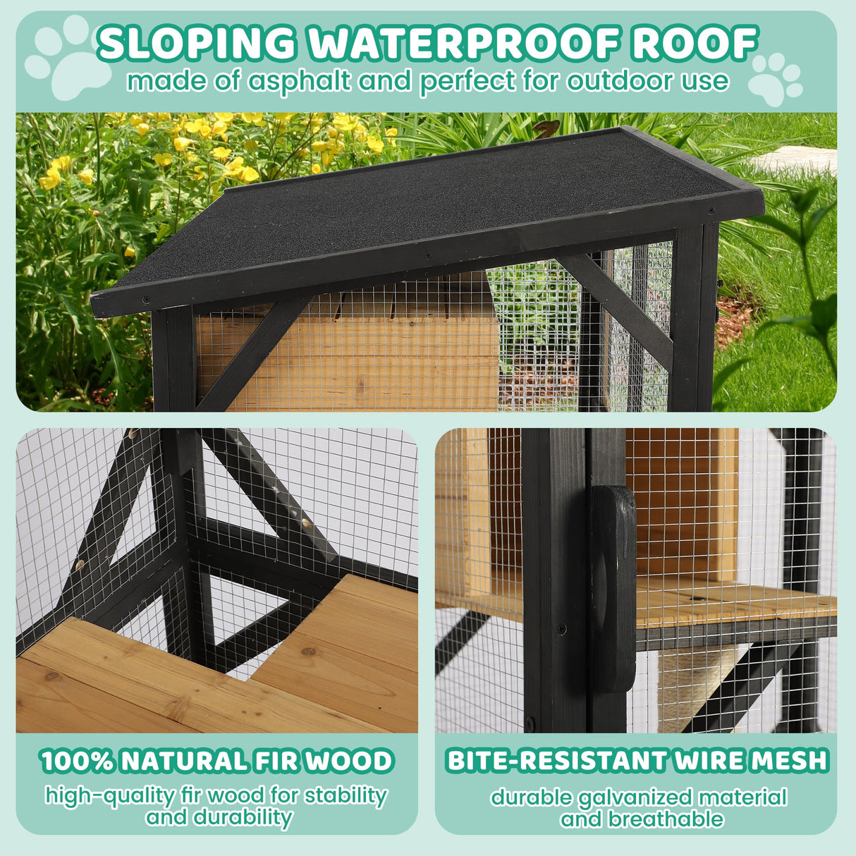 GIODIR 71" H Cat Catio Outdoor Cat Enclosure Window, 4 Tiers Cats Wooden House Cage on Wheels, Large Catios for Cats Indoor Patio with Waterproof Roof, Removable Floor and Scratching Post(Black) GIODIR