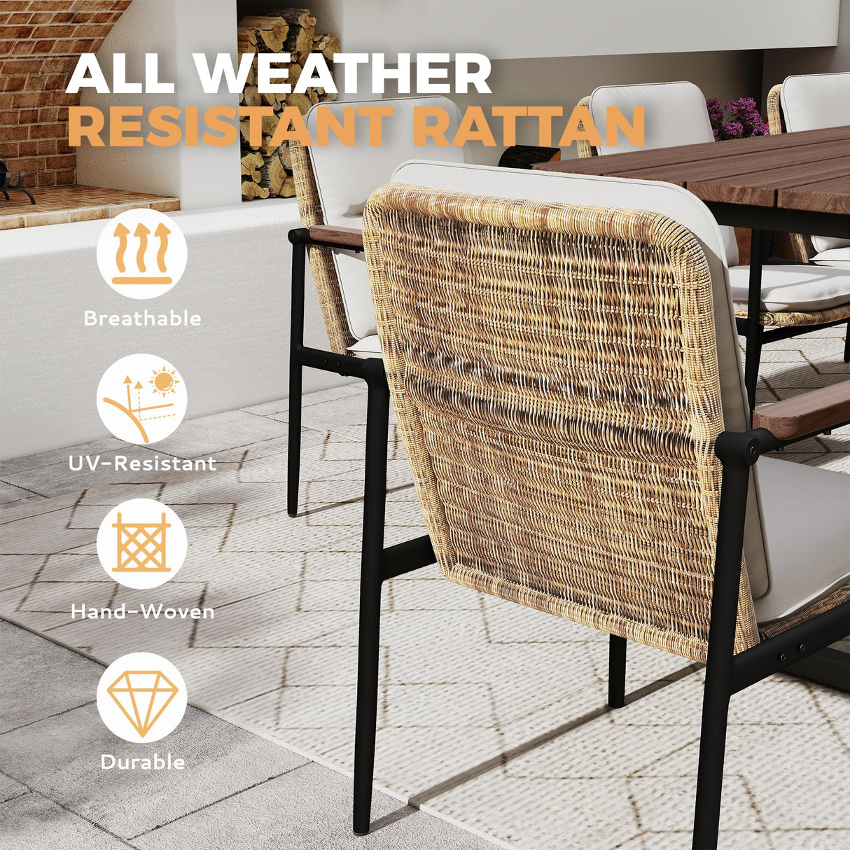 HAPPATIO 9 Piece Patio Dining Set Outdoor, 8 Wicker Chairs with Aluminum Frame and Olefin Cushions, Large Wooden Dining Table with Umbrella Hole,Patio Table and Chairs for Backyard Garden Porch HAPPATIO