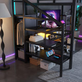 Full Size Loft Bed with LED Light & TV Table, Adults Loft Beds with Charging Station & Storage Bookcase, Wardrobe, Heavy-Duty Metal Lofts Frame with Stairs for Kids, Teens & Youth Dorms, Black Mirightone
