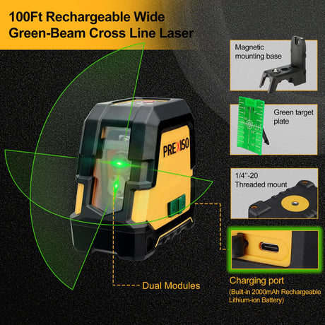 PREXISO Laser Level with Tripod - 100Ft Rechargeable Dual Modules Line Laser, Self Leveling Wide Angle Cross Leveler Tool for Construction, Floor Tile Renovation with Magnetic Base, Target Plate, Bag Prexiso