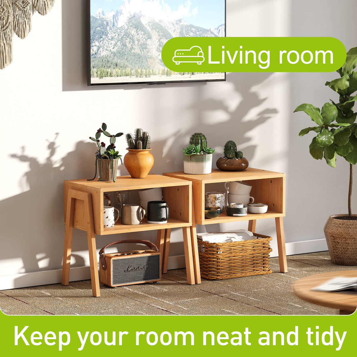 End Table Set of 2 Bamboo Nightstand Stackable Bedside Table Living Room Nightstand 2-Tier Storage Shelf Wood Sofa Table for Small Space Bed Room Living Room BMOSU