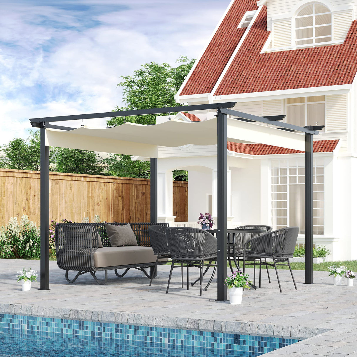 Outsunny 10' x 10' Retractable Pergola Canopy, Patio Gazebo, Sun Shelter with Aluminum Frame for Outdoors, Cream White Outsunny