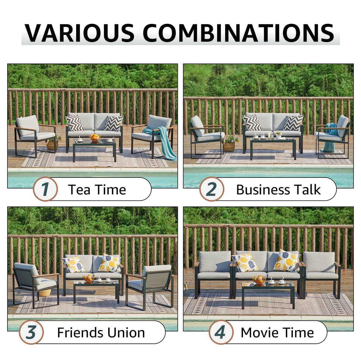 NATURAL EXPRESSIONS 4 Pieces Patio Furniture Sets,Outdoor Metal Sectional Furniture Modern Patio Conversation Set,Fuaxwood Anti-Scald Armrest,Sling Mesh,Tempered-Glass Table,4" Olefin Cushions NATURAL EXPRESSIONS