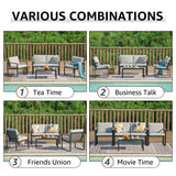 NATURAL EXPRESSIONS 4 Pieces Patio Furniture Sets,Outdoor Metal Sectional Furniture Modern Patio Conversation Set,Fuaxwood Anti-Scald Armrest,Sling Mesh,Tempered-Glass Table,4" Olefin Cushions NATURAL EXPRESSIONS