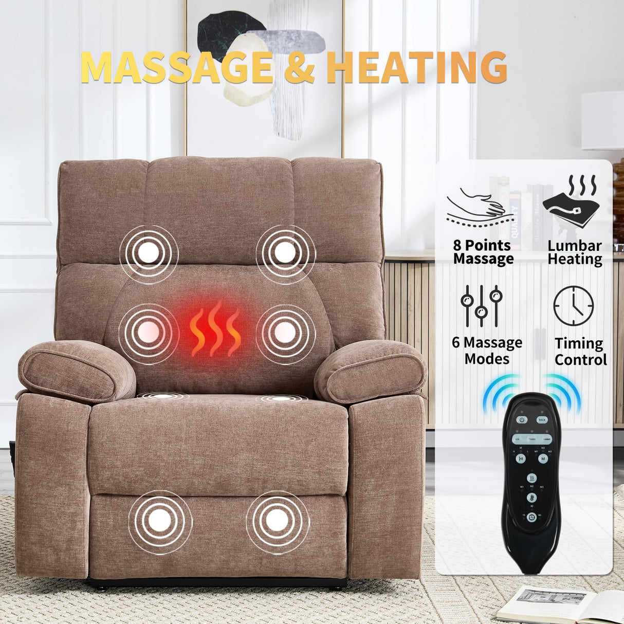 Trustyue Extra Large Dual Motor Power Lift Recliner Chair, Lift Chair with Massage and Heat for Elderly, Lay Flat Recliner, Standing Assistance, Stainless Steel Cup Holders, Chenille Brown Trustyue