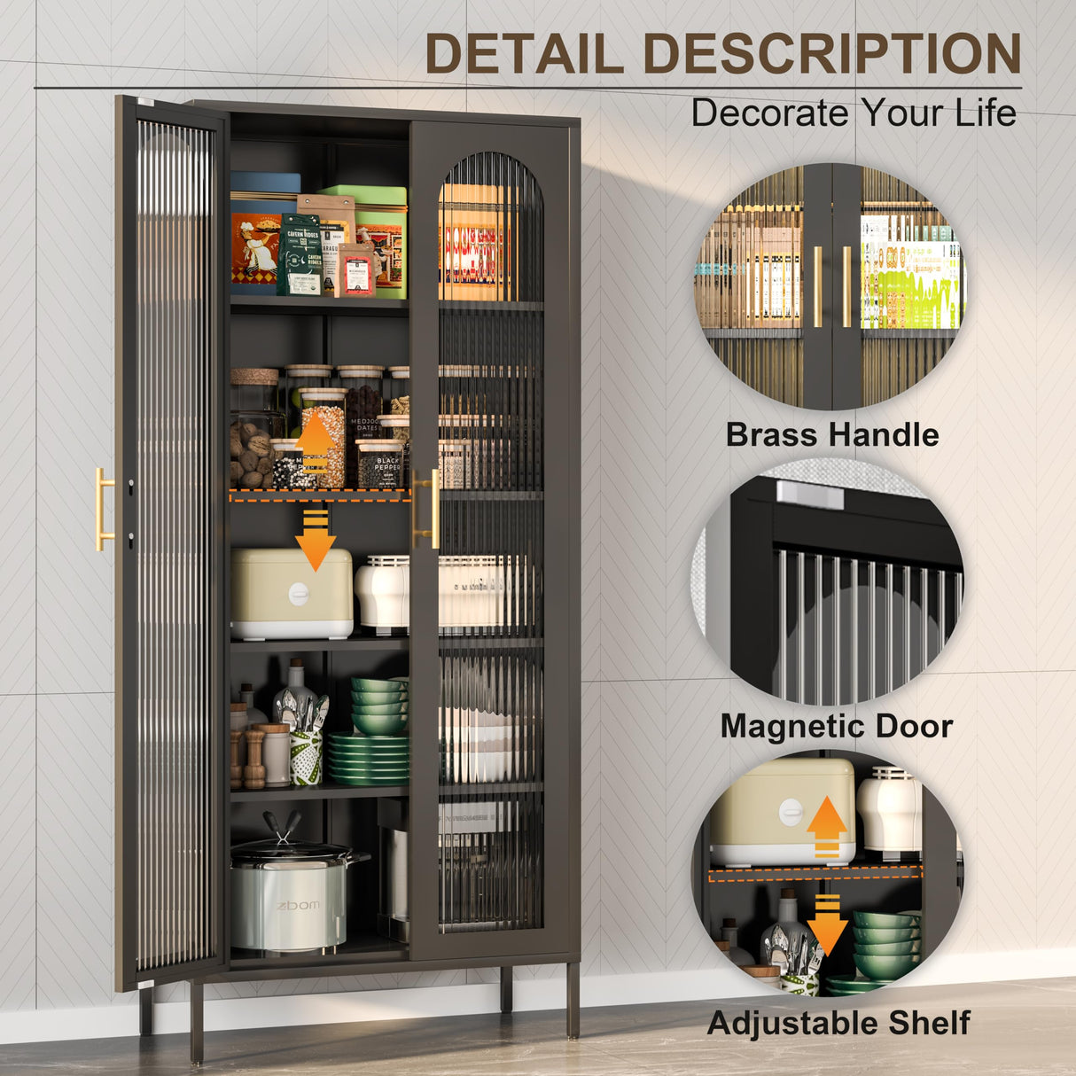 CBNTKI 71" Kitchen Pantry Cabinet,Tall Storage Cabinet with Glass Doors and LED Light,Glass Display Cabinet Black Cabinet for Dinning Room,Living Room,Kitchen,Entryway CBNTKI