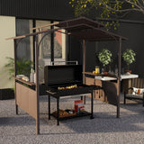 Outsunny 8'x5' BBQ Grill Gazebo with 2 Side Shelves, Outdoor Double Tiered Interlaced Polycarbonate Roof with Steel Frame, Brown Outsunny