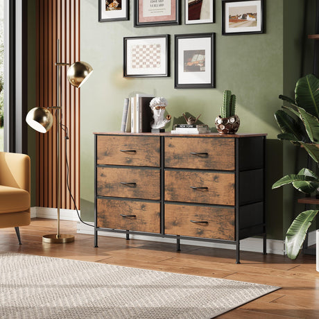 WLIVE Wide Dresser with 6 Drawers, TV Stand for 50 Inches TV, Entertainment Center with Metal Frame, Wooden Top, Fabric Storage Dresser for Bedroom, Hallway, Entryway, Rustic Brown Wood Grain Print WLIVE