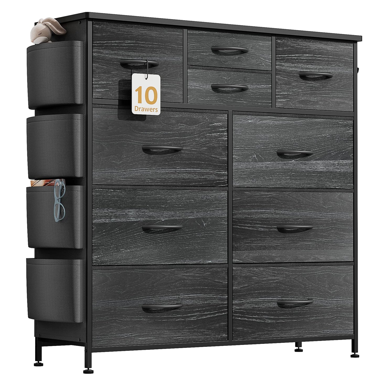 YaFiti Dresser for Bedroom with 10 Drawers, Chest of Drawers with Side Pockets, Hooks, Wooden Top and Sturdy Metal Frame, Fabric Dresser Drawers for Living Room, Hallway (Black Wood Veins) - WoodArtSupply