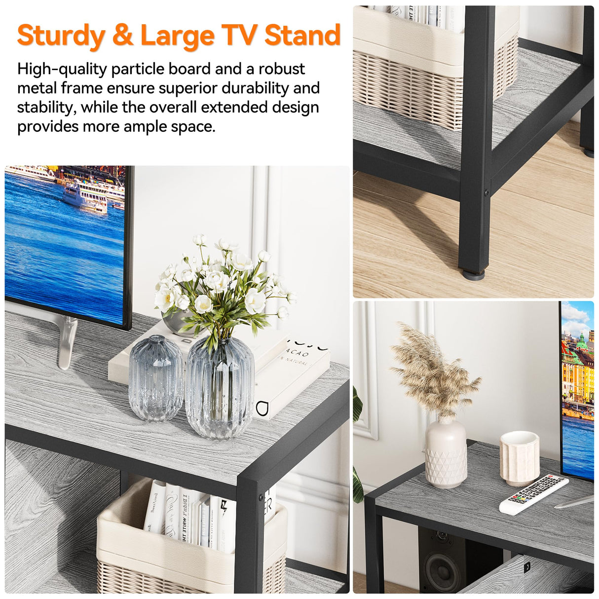 GAOMON 65" TV Stand for TV up to 75 Inches, Large TV Console Table with 2 Closed Storage Spaces and Open Compartments, Wooden Entertainment Center with Adjustable Feet for Living Room, Bedroom, Grey GAOMON