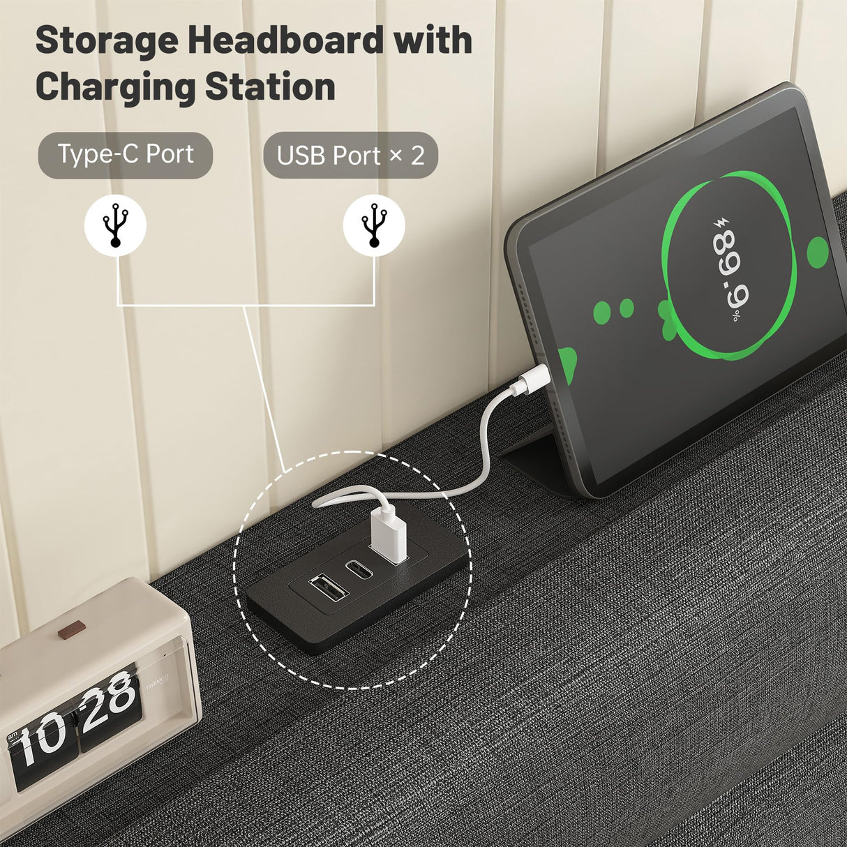 EnHomee King Size Bed Frame with Fabric Upholstered Headboard, King Bed Frame with Storage Headboard and Charging Station, Wooden Slats Support, No Noise, No Box Spring Needed, Easy Assembly, Grey EnHomee