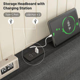 EnHomee King Size Bed Frame with Fabric Upholstered Headboard, King Bed Frame with Storage Headboard and Charging Station, Wooden Slats Support, No Noise, No Box Spring Needed, Easy Assembly, Grey EnHomee