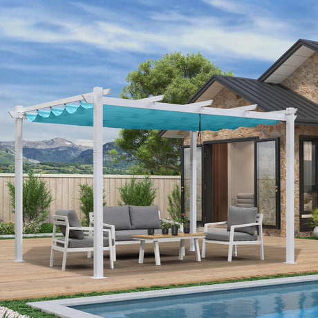 PURPLE LEAF 10' X 13' Outdoor Retractable Pergola with Sun Shade Canopy Cover White Patio Metal Shelter for Garden Porch Yard BBQ Beach Gazebo Grape Trellis Pergola, Turquoise Blue PURPLE LEAF