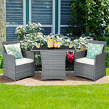 Tangkula 3 Pieces Patio Dining Set, Patiojoy Space-Saving PE Rattan Bistro Set with Tempered Glass Top Table and Cushioned Chairs, Outdoor Conversation Set for Garden, Backyard, Poolside, Porch Tangkula