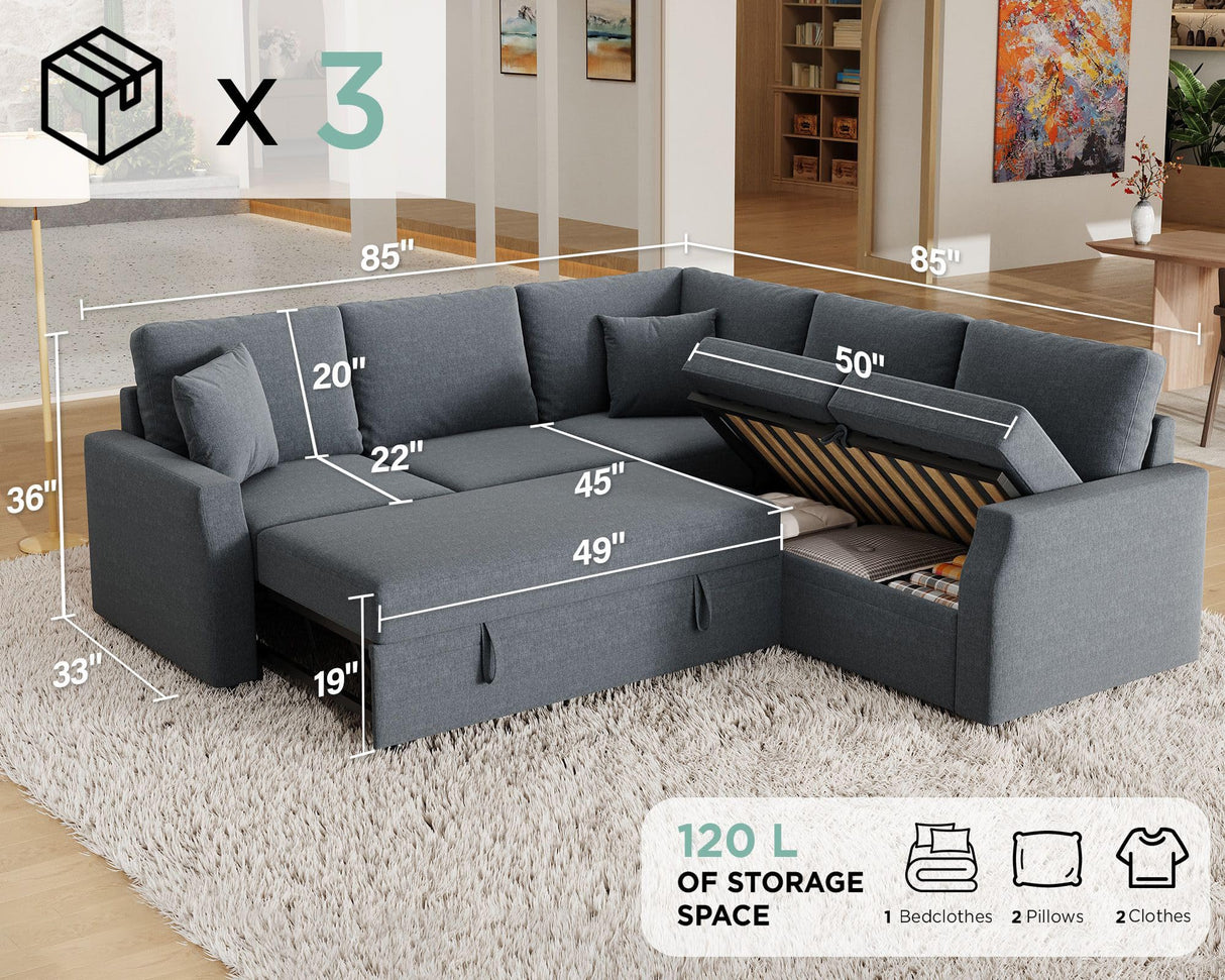 Jocisland Sofa Bed, 85 Inch Sleeper Sofa with Pull Out Bed & Storage Seat, Oversized L Shape Sectional Sofa for Living Room Apartment, Grey Linen Reversible Couch Jocisland