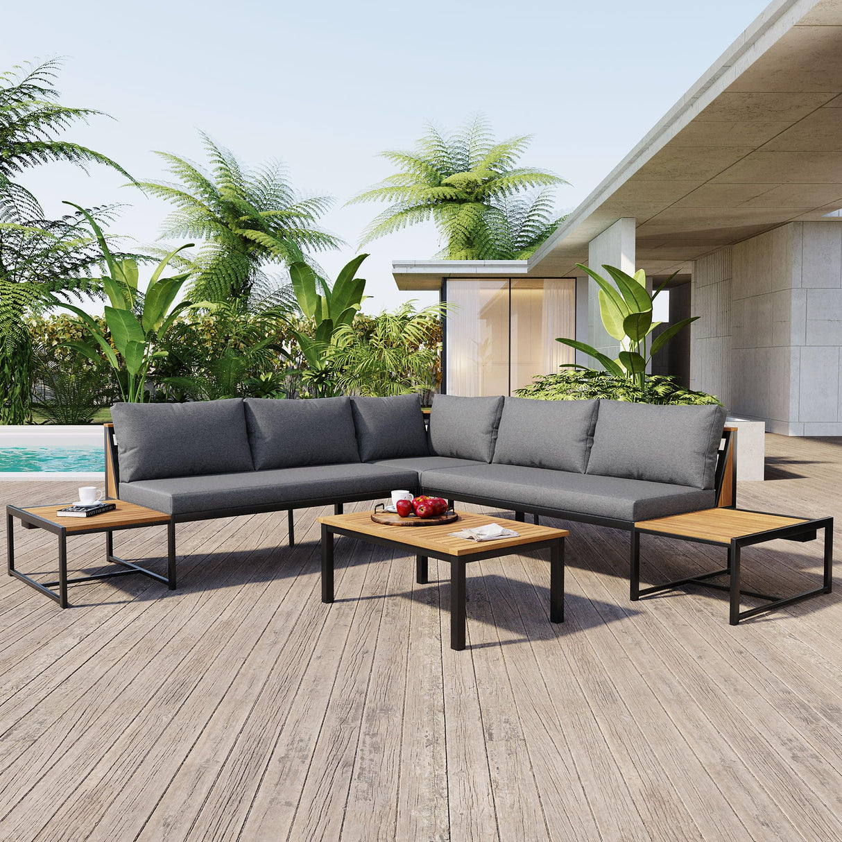Merax Patio Furniture Set with Coffee Table & Loveseats, 4 Pieces Iron-Wood Design Outdoor Sectional Sofa, L-Shaped Conversation Set with Waterproof Cushions for Garden, Backyard, Poolside, Gray Merax