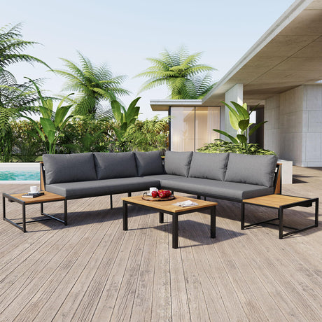 Merax Patio Furniture Set with Coffee Table & Loveseats, 4 Pieces Iron-Wood Design Outdoor Sectional Sofa, L-Shaped Conversation Set with Waterproof Cushions for Garden, Backyard, Poolside, Gray Merax