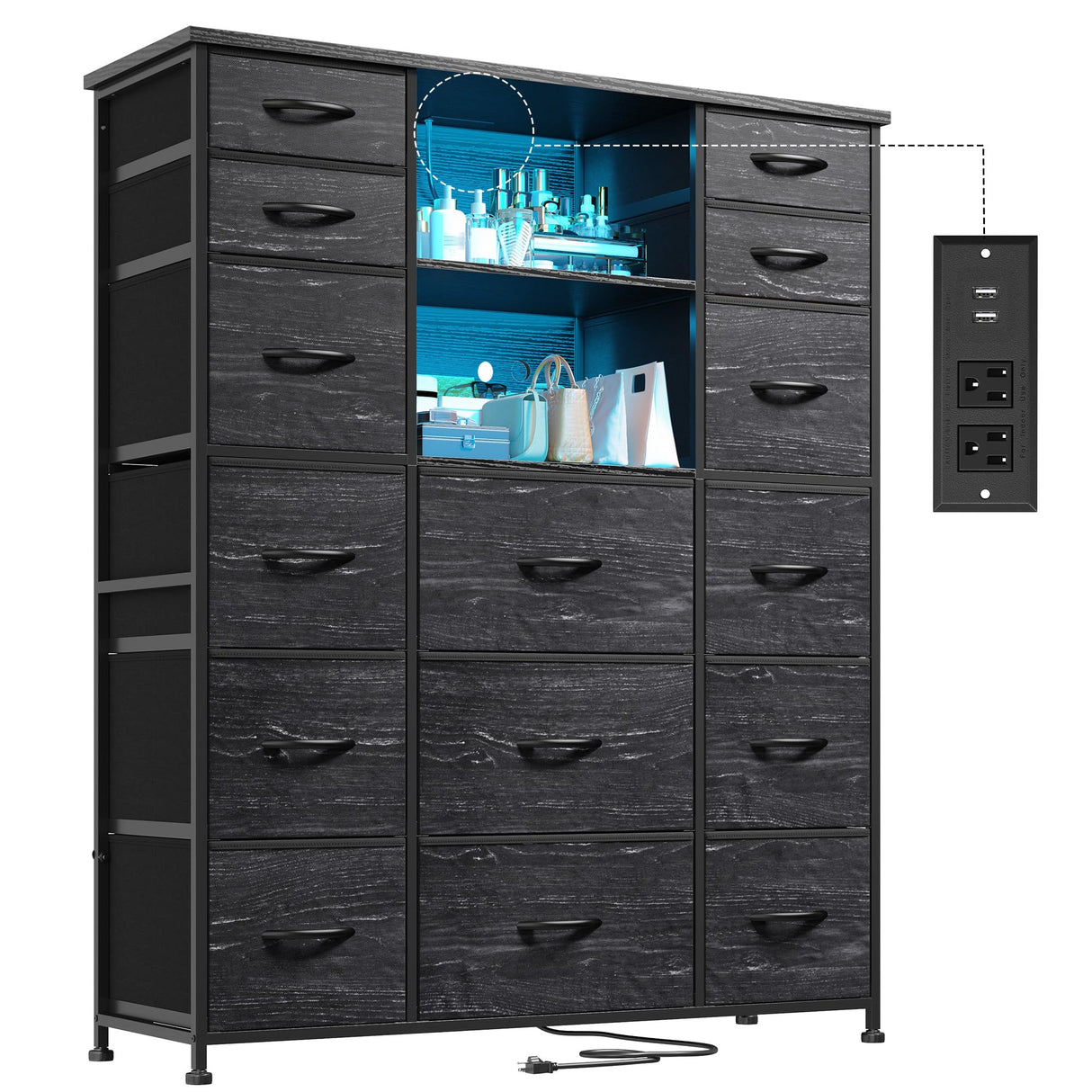 EnHomee 51" H Tall Dresser with 15 Drawers Dresser for Bedroom with Charging Station & LED Lights & Hutch Sturdy Black Bedroom Dressers, Steel Frame, Wood Top, 51.2" H x 39.3" W x 11.8" D EnHomee
