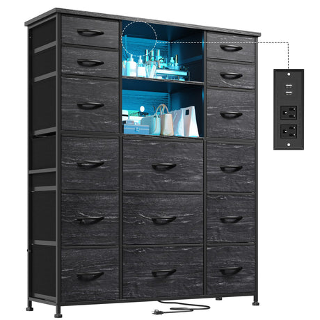 EnHomee 51" H Tall Dresser with 15 Drawers Dresser for Bedroom with Charging Station & LED Lights & Hutch Sturdy Black Bedroom Dressers, Steel Frame, Wood Top, 51.2" H x 39.3" W x 11.8" D EnHomee