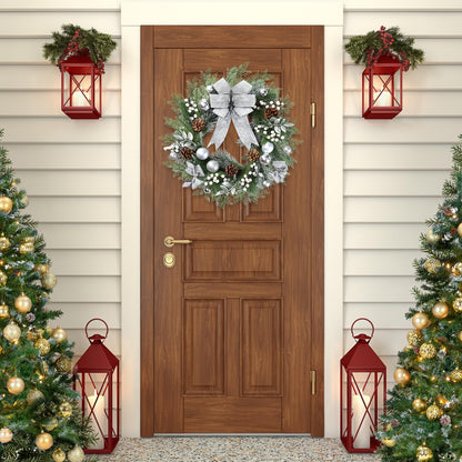 Sggvecsy 20 Inch Artificial Christmas Wreath for Front Door with Pine Needles White Berries Pine Cones Silver Bow Christmas Ball Decorations for Winter Wall Outdoor Home Holiday Xmas Decor