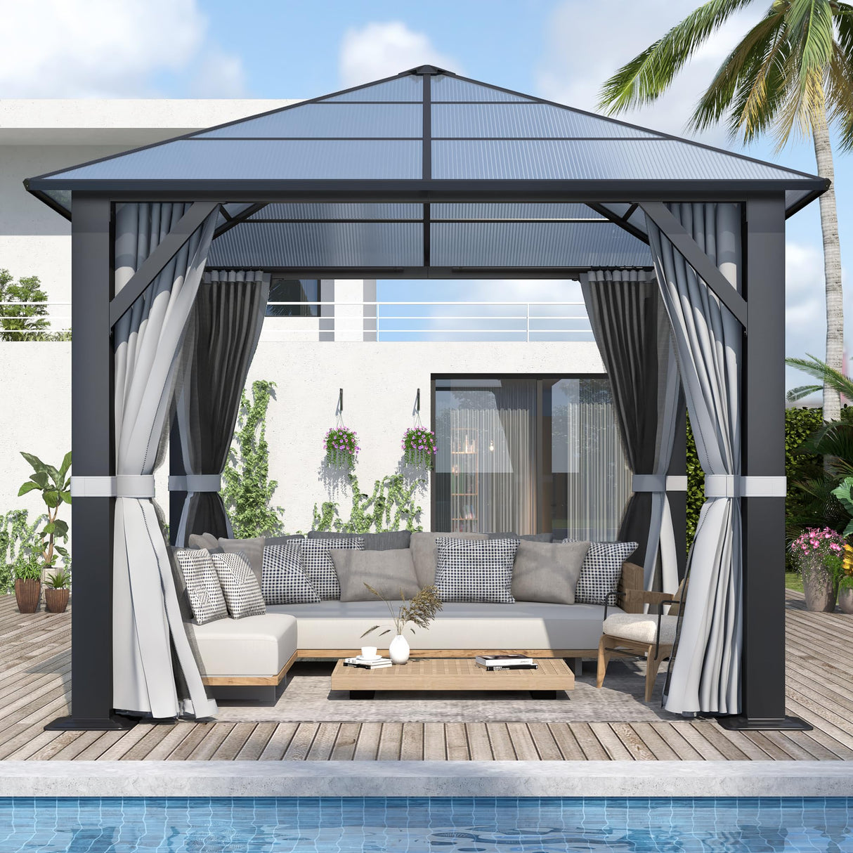 GARTOO 10’x10’ Patio Hardtop Gazebo with Polycarbonate Roof, Waterproof Outdoor Canopy Gazebo, Steel Frame Permanent Pavilion with Curtains and Netting, Perfect for Backyard, Patio, Lawn, Garden GARTOO