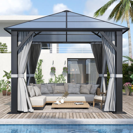 GARTOO 10’x10’ Patio Hardtop Gazebo with Polycarbonate Roof, Waterproof Outdoor Canopy Gazebo, Steel Frame Permanent Pavilion with Curtains and Netting, Perfect for Backyard, Patio, Lawn, Garden GARTOO