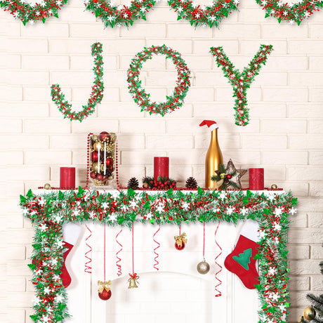50 FT Christmas Decorations Tinsel Garland with Snowflake Christmas Tree, Red Green Silver Shiny Metallic Twist Christmas Garland for Home Tree Mantle Stairs Indoor Outdoor Holiday Xmas Party Decor Lairyan