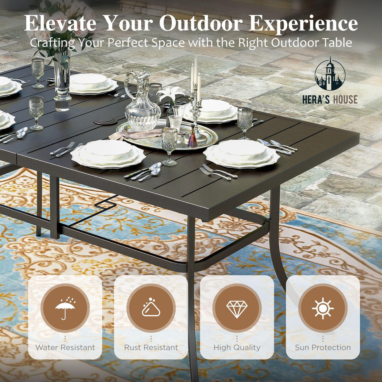 HERA'S HOUSE 7 Pieces Patio Table and Chairs Set, Outdoor Dining Set for 7, 6 x Cushioned Woven Rattan Patio Chairs and 1 x Black Metal Table with Umbrella Hole, Outdoor Rattan Dining Set for Lawn HERA'S HOUSE