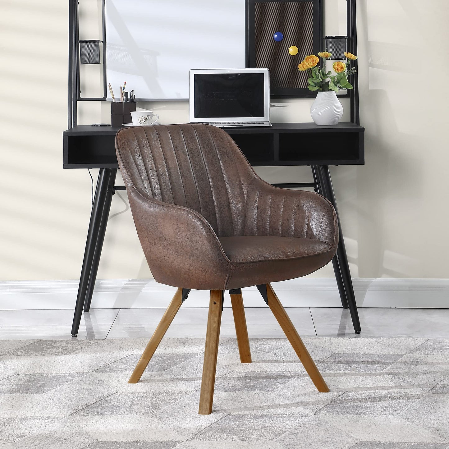 KithKasa Mid Century Modern Desk Chair No Wheels Swivel Accent Home Office Chair with Walnut Color Wood Legs for Living Room, Brown - WoodArtSupply