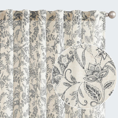 jinchan Floral Linen Blend Curtains for Living Room Black French Country Farmhouse 84 Inch Long Light Filtering Semi Sheer Kitchen Window Back Tab Curtains 2 Panels