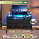 WLIVE Black TV Stand for 55, 60, 65 inch TV, Entertainment Center with LED Lights & Charging Station, TV Media Console Table with 15 Fabric Drawers and Open Shelves for Living Room, Hallway, Wood Topm WLIVE