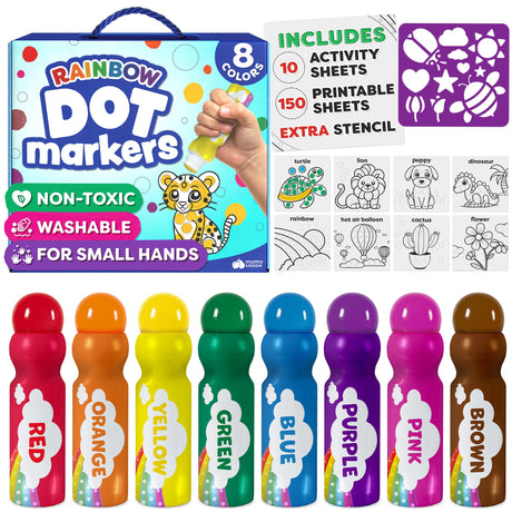 Dot Markers For Toddlers 1-3 - Dot Art Paints Washable For Kids - With Printed & PDF Coloring Sheets - Toddler Arts And Crafts for Kids Ages 2-4, 2 Year Olds, Toddler - Back To School Supplies Momo & Nashi