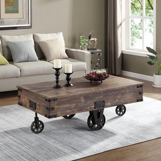 FirsTime & Co. Brown Factory Cart Coffee Table, Vintage Center Table with Wheels for Living Room, Rectangular, Wood, Farmhouse, 47.25 Inches, Rustic Espresso/Antique Black