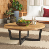 SAFAVIEH Outdoor Collection Leo Natural/Black 4-Leg Round Coffee Table, Ideal for Deck, Patio, Backyard, Sunroom SAFAVIEH