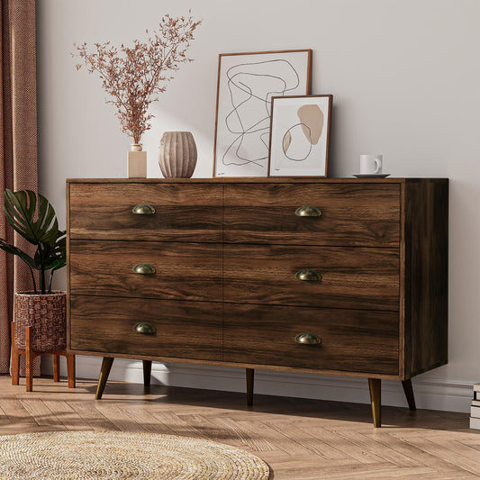 JOZZBY Dresser for Bedroom with 6 Drawers, Walnut Wood Dresser with Golden Handles, Mid Century Vintage Chests of Drawer Storage Organizer for Hallway, Entryway