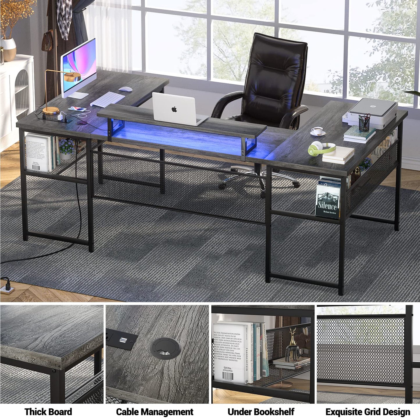 Unikito 130 Inch Versatile U Shaped Office Desk with Smart LED Lighting and Integrated Power Outlet, Stylish Black Oak - WoodArtSupply