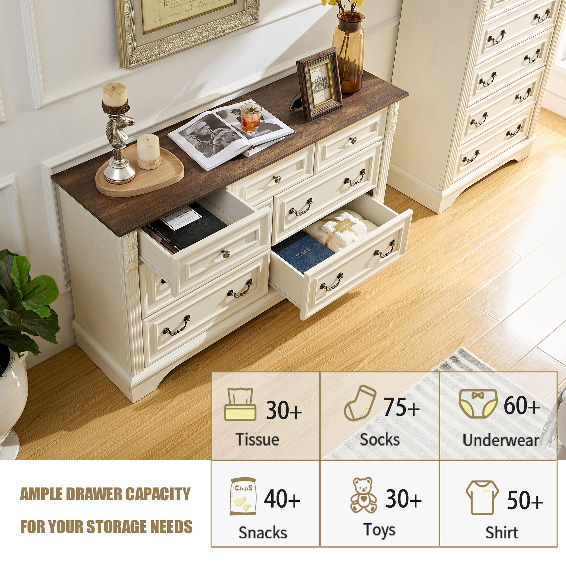 BOSHIRO 7 Drawers Dresser, Farmhouse Dressers for Bedroom, 54" Wide Wood Rustic Chest of Drawers with Carved Pilasters, Storage Organizer, Living Room, Hallway, Antique White - WoodArtSupply