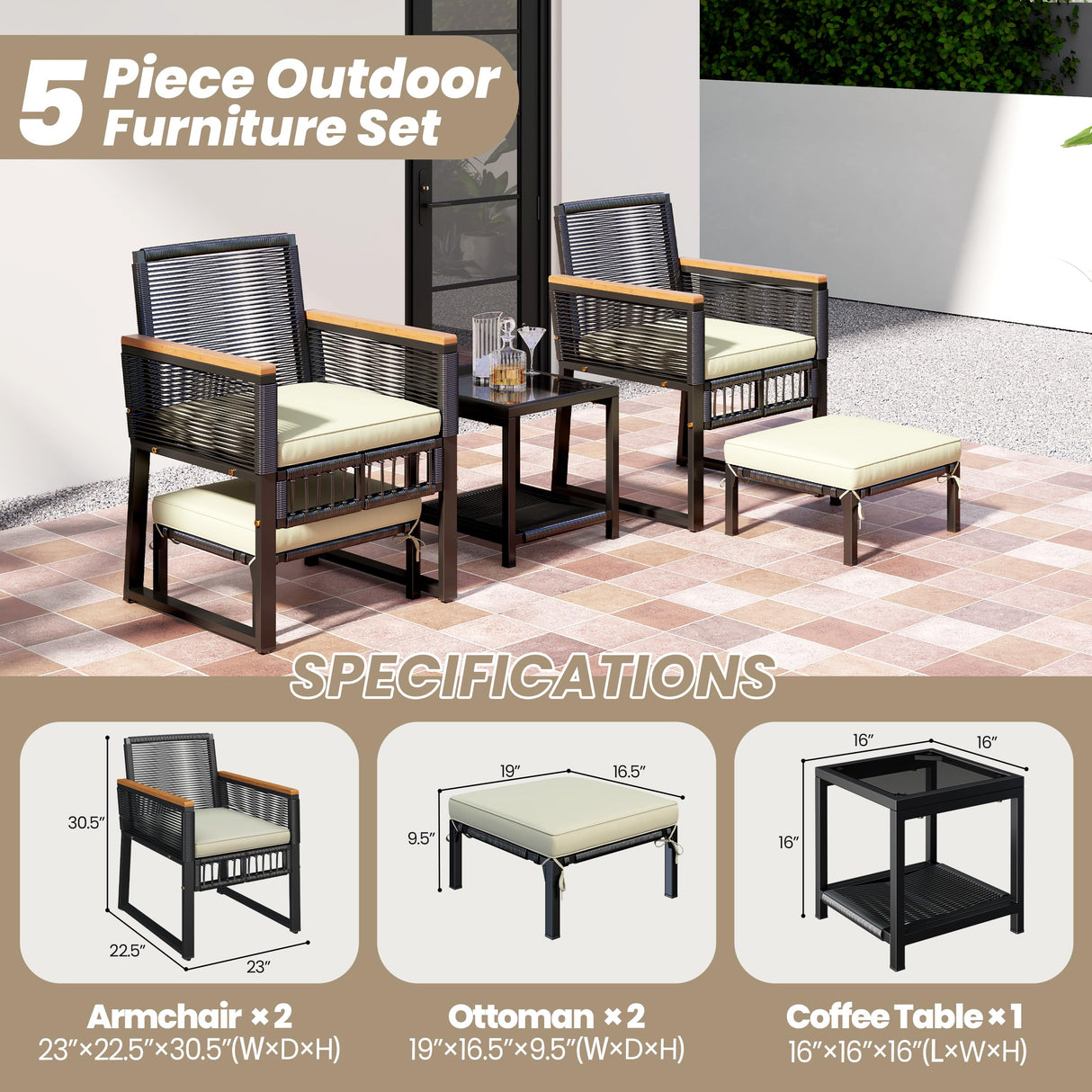 Yaheetech 5-Piece Outdoor Conversation Set, Wicker Rattan Patio Furniture Set w/Rattan Armchairs, 2-Layer Side Table, Ottomans, Acacia Wood Armrests & Metal Frame for Backyard, Porch, Balcony Yaheetech