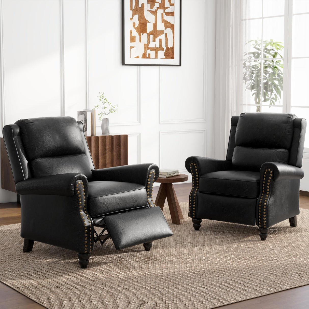 UIXE Pushback Recliner Chairs Set of 2, PU Leather Armchair Push Back Accent Chair, Rivet Trim Club Chair Home Theater Overstuffed Single Sofa Reading Seat for Living Room, Black UIXE